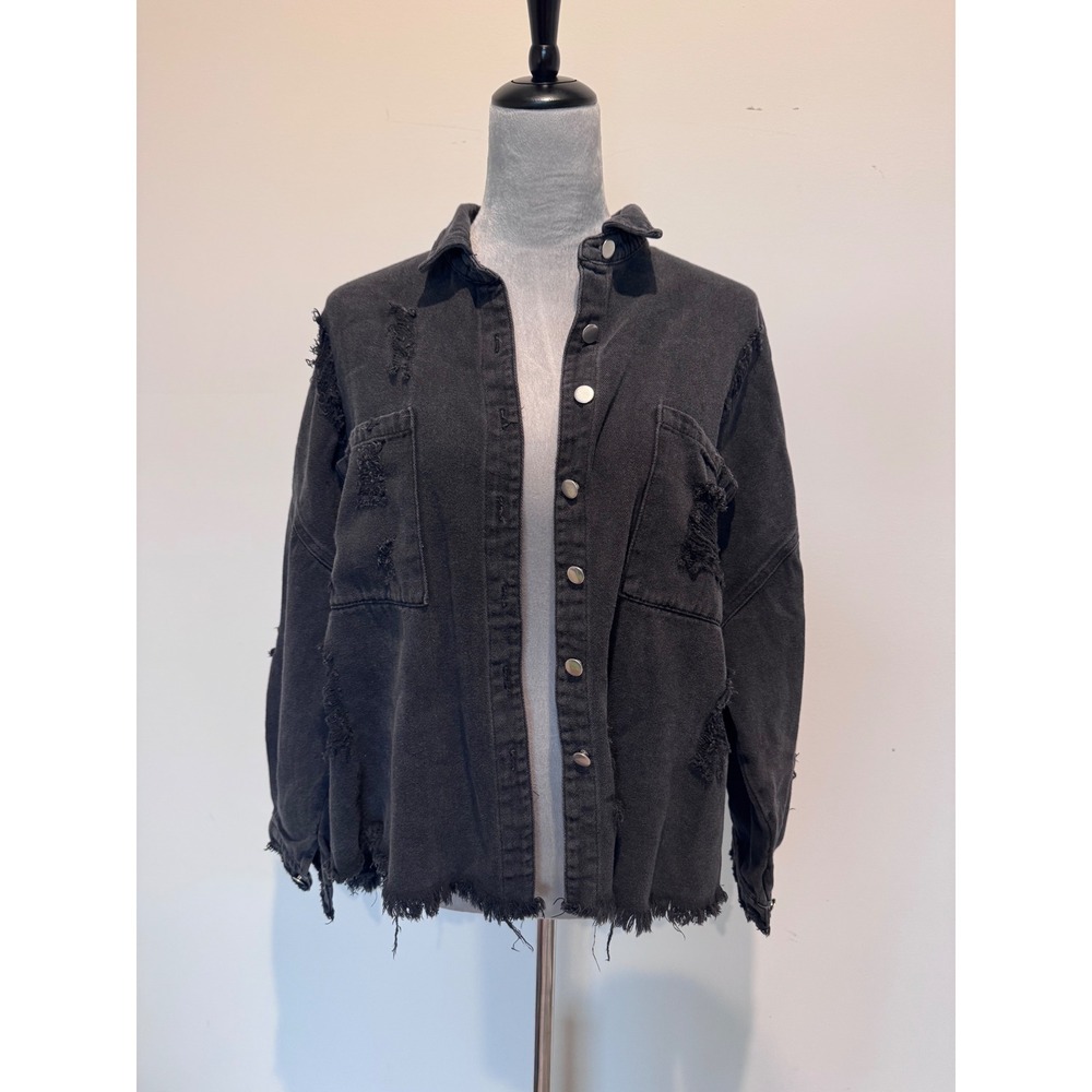 POL Clothing Distressed Denim Shirt Jacket Washed Black Grunge Womens Medium
